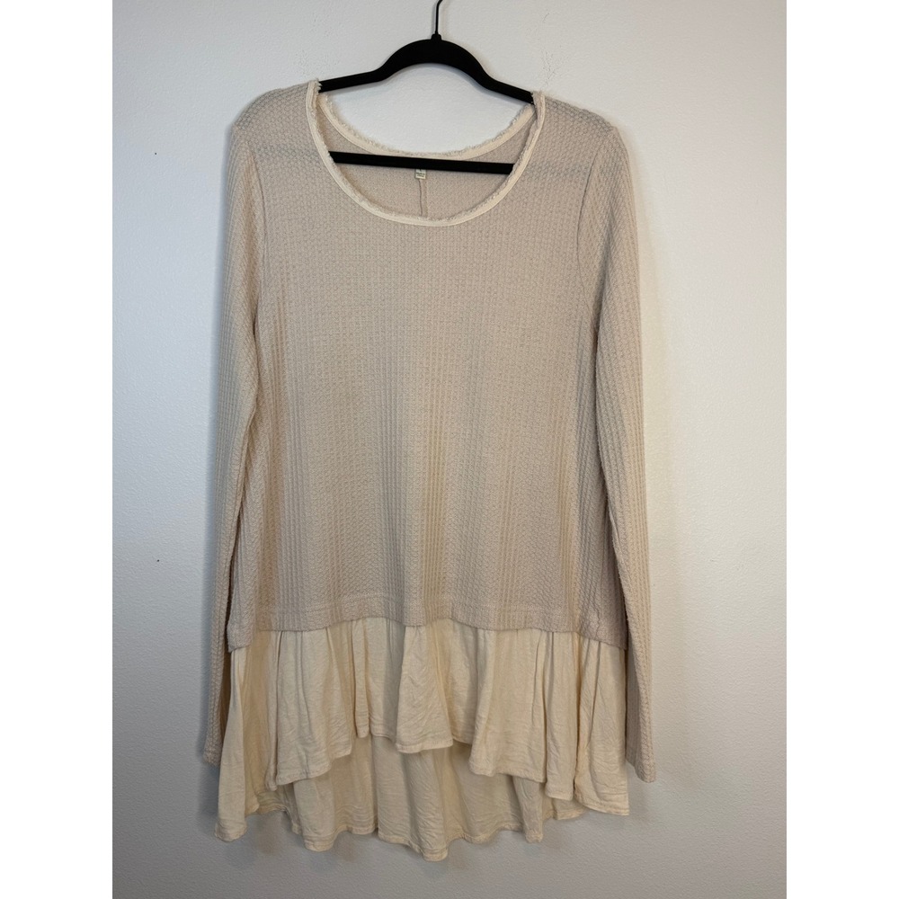 Kori America Beige Waffle Knit Thermal Ruffle Hem Tunic Top Large Boho Cream